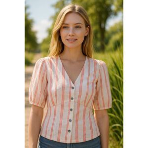 The Good Jane Striped Button Front Peplum Top Puff Sleeve NWOT Size Small (Measu